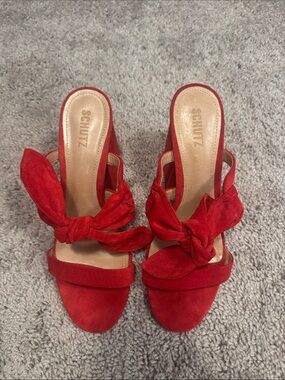 SCHUTZ Red Suede Knot Slide Heels